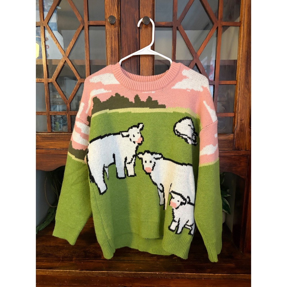 Aelfric Eden Sheep Pastoral Landscape Knit Sweater Green Pink Size Medium - Picture 1 of 5